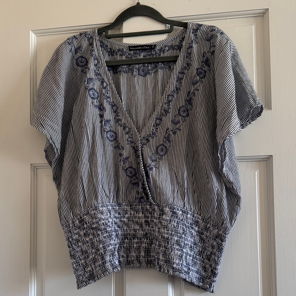 Abercrombie & Fitch Navy Striped Blouse with Floral Embroidery